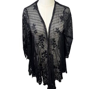 Mi ami Lace Cardigan Swimsuit Coverup Black Floral Tie Front Boho Whimsigoth S